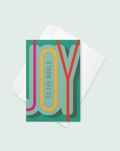 a greeting card with the words joy on it in multicolored letters, against a light green background