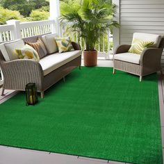 a green area rug on a porch with wicker furniture and potted palm tree