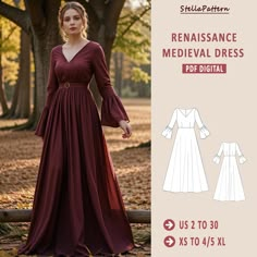 The digital sewing pattern is for V-Neck Maxi Medieval Dres. ➡️This pattern comes with an illustrated sewing guide with step-by-step instructions, making it super easy to make your own garment. If you're looking for a beginner-friendly project that will take 2 hours to make, then this is perfect for you! ➡️ US Sizes: 2, 4, 6, 8, 10, 12, 14, 16, 18, 20, 22, 24, 26, 28, 30 ➡️ Standard sizes: XS, S, M, L, XL, 2XL, 3XL, 4XL/5XL ➡️ These templates are suitable for A4, A0 and US Letter size paper. ➡️ Once your payment is processed, you will automatically receive download links for your template files. Please note that you can only download files from one computer; they won't work on a phone or iPad. ➡️This is a digital product. You will receive zip files containing the patterns and sewing instru Eowyn Dress Pattern, Ren Faire Skirt Pattern, Fantasy Dress Pattern, Elvish Dress, Medieval Dress Pattern, Maxi Dress Pattern Sewing, Celtic Dress, Sewing Guide, Gown Pattern