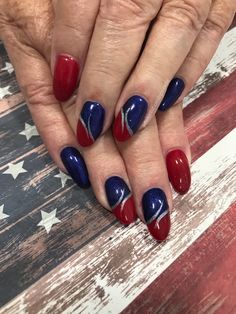 Dark Blue And Red Nails, Veterans Day Nails, Red And Navy Nails, Navy And Red Nails, Patriotic Fingernails, Blue And Red Nails Designs, Red And Blue Nails Design, July 4 Nail Design