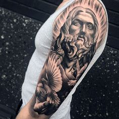 Cool Male Jesus And Dove Half Sleeve Tattoo Design Ideas Upper Half Sleeve Tattoos, Cool Half Sleeve Tattoos, Tattoo Themes, Religious Tattoo, Jesus Tattoo, Omerta Tattoo