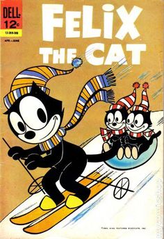 an old comic book cover with a cat skiing