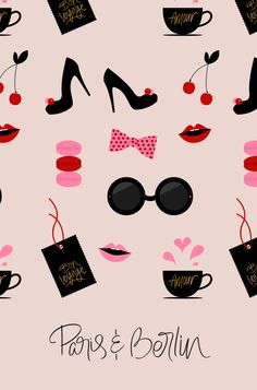 a pink background with black and red items including sunglasses, lipstick, lips, coffee mugs