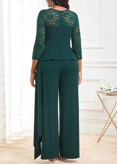 ROTITA 3/4 Sleeve Blackish Green Lace Stitching Jumpsuit #chiver #history #holidays mother art, mother earth, mother of the bride Mother Of The Bride Jumpsuit, Green Jumpsuits, Boat Neck Jumpsuit, Trendy Jumpsuit, Green Jumpsuit, African Dresses For Women, Jumpsuit With Sleeves, Green Lace, Type Of Pants