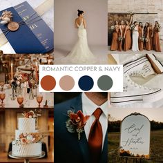 a collage of photos with different wedding colors and themes in them, including the bride's dress