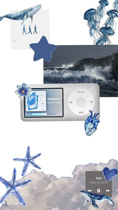 an ipod is surrounded by blue sea creatures and other things that are floating in the air