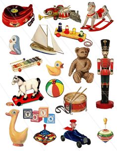 an image of various toys that are in the shape of a toy boat and bear