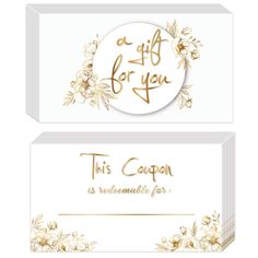 two gift cards with gold foil lettering and white flowers on the front, one is for you