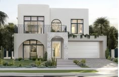 this is an artist's rendering of a two story house in palm trees and shrubs