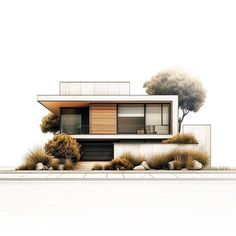 an architectural rendering of a modern house with trees and shrubs on the front lawn area