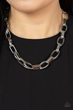 Wide hammered silver links alternate with double sets of shiny silver links as they connect across the collar for an edgy industrial effect. Features an adjustable clasp closure. Sold as one individual necklace. Includes one pair of matching earrings. Bedazzled Jewelry, Jewelry 2022, Hey Friend, Gray Bracelet, Brown Bracelet, Brown Necklace, Jewelry Boutique, Red Bracelets, Paparazzi Accessories