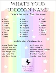 the unicorn name poster with stars and rainbows on it, which reads what's your unicorn name?