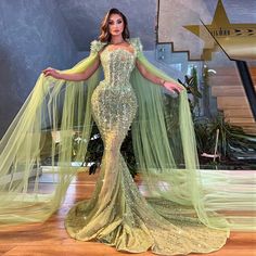 Luxury Dress Classy Formal, Evening Dress With Cape, Dress With Cape Sleeves, Arabic Women, Beaded Mermaid, Dress With Cape, Green Evening Dress, فستان سهرة, Cape Sleeves