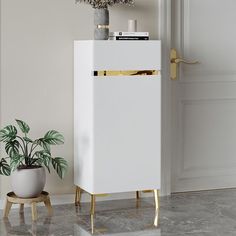 a white cabinet sitting next to a potted plant