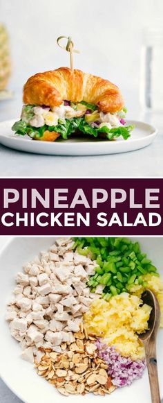 the ingredients to make pineapple chicken salad are shown in separate pictures and on separate plates, with text overlay that reads pineapple chicken salad