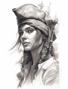 a black and white drawing of a woman wearing a pirate's headdress