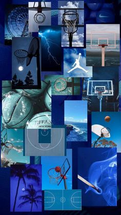 a collage of basketball related images with blue and white colors, including the number one