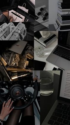 a collage of photos with various items on the table