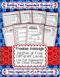 four different types of writing paper with the words freebie passages in red, white and