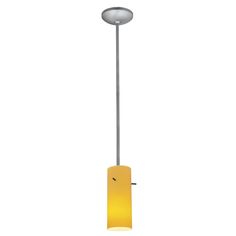 a yellow light hanging from a ceiling fixture