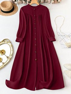 Plus Size Women's Solid Color Loose Fit Casual Long Sleeve One-Button Dress For Spring And Summer Burgundy Casual  Long Sleeve Woven Fabric Plain Smock Non-Stretch  Women Plus Clothing, size features are:Bust: ,Length: ,Sleeve Length: Solid Color Long Sleeve Midi Dress With Buttons, Solid Button-up Shirt Dress With Buttons, Button-up Shirt Dress With Buttons, Solid Long Sleeve Shirt Dress With Buttons, Fall Button-up Solid Color Midi Dress, Solid Color Dresses With Button Cuffs For Daywear, Solid Buttoned Dresses For Fall, Daywear Dress With Button Cuffs, Buttoned Dresses For Fall