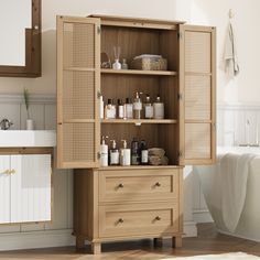 a wooden cabinet filled with lots of personal care items