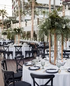 tables set up for an event with palm trees and white tablecloths on them