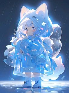 an anime character is standing in the rain with her arms around her chest and head