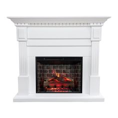 a white fireplace with a fire in it