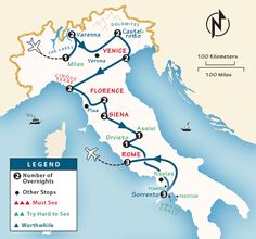 a map showing the route for italy's most famous cities, including rome and venice