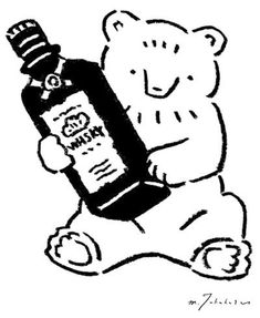 a black and white drawing of a teddy bear holding a bottle