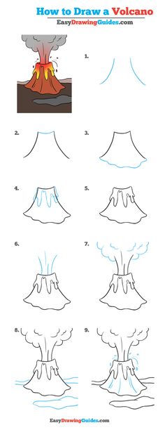 how to draw volcano with step by step instructions for kids and beginners, including the steps