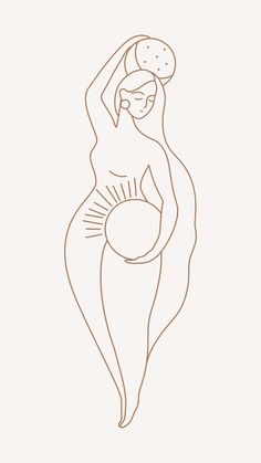 a line drawing of a pregnant woman holding a ball in her right hand and looking down at the ground