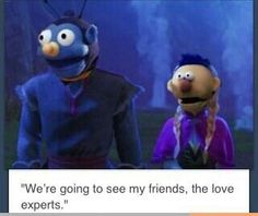 two cartoon characters are standing next to each other in front of a screen with the caption, we're going to see my friends, the love experts