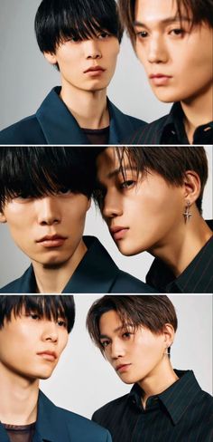 four different shots of young men with short hair and piercings on their ears, wearing black