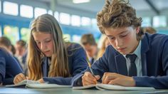 two young people sitting at a table with notebooks and papers in front of them