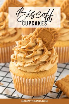 some cupcakes with peanut butter frosting on top and the words biscoff cupcakes above them