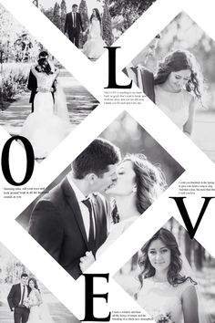 black and white wedding photo collage with the word love surrounded by images of bride and groom