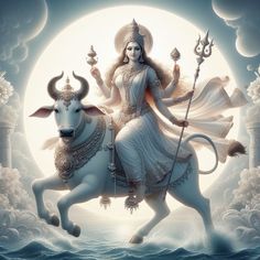 a woman riding on the back of a white bull in front of a full moon