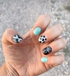 Boot stitch, aqua and black rodeo nails Rodeo Nails Acrylic, Fun Acrylic Nails Designs Short, Halloween Cowboy Nails, Cowboy Nails Western Short, Black Western Nail Designs, Western Holiday Nails, Nails For Rodeo, Dark Blue Western Nails, Country Gel Nails