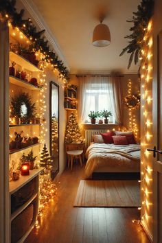 a bedroom decorated with christmas lights and decorations