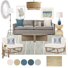 a living room with blue, gray and white decor on the walls next to a coffee table