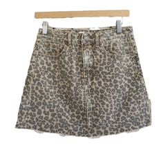 Mud Pie Leopard Print Jean Skirt Lightly Distressed Denim Raw Hem Button Zipper Fly 100% Cotton Animal Print Brown Black Tan Size Xs Small And Medium Available New With Tags Boutique Item From My Clothing Boutique Chelsea's Collection Casual Beige Mini Skirt With Button Closure, Cheetah Print Clothes, Olive Mini Skirt, Printed Skirt Outfit, Cheetah Skirt, Leopard Print Jeans, Camo Skirt, White Denim Skirt, Tie Dye Denim