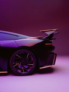 a purple sports car with gold rims parked in front of a dark background,