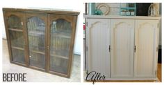 before and after photos of an old china cabinet with glass doors, painted white to match the rest of the furniture