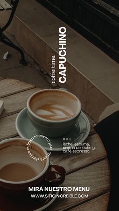 two cups of coffee sitting on top of a wooden table with the words'cafe cappucinoo '