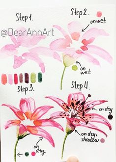 a hand holding up a watercolor drawing of pink flowers with step by step instructions