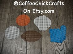 four pieces of cross - stitched fabric with the words coffee chick crafts on it