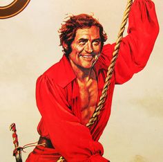 a painting of a man in red shirt holding a rope and smiling at the camera