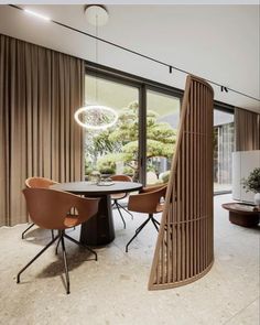 a dining room with chairs and a table in front of a large sliding glass door